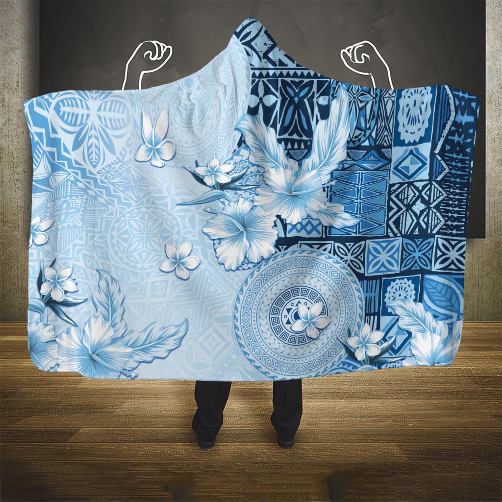 Hawaii Tapa Pattern With Blue Hibiscus Hooded Blanket