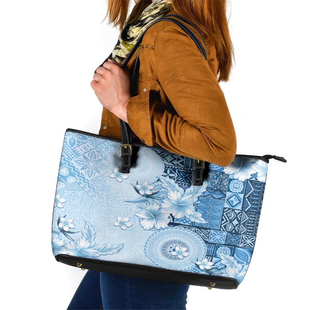 Hawaii Tapa Pattern With Blue Hibiscus Leather Tote Bag LT05 Blue - Polynesian Pride