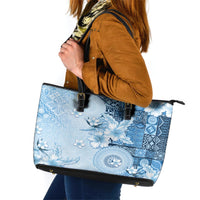 Hawaii Tapa Pattern With Blue Hibiscus Leather Tote Bag LT05 Blue - Polynesian Pride