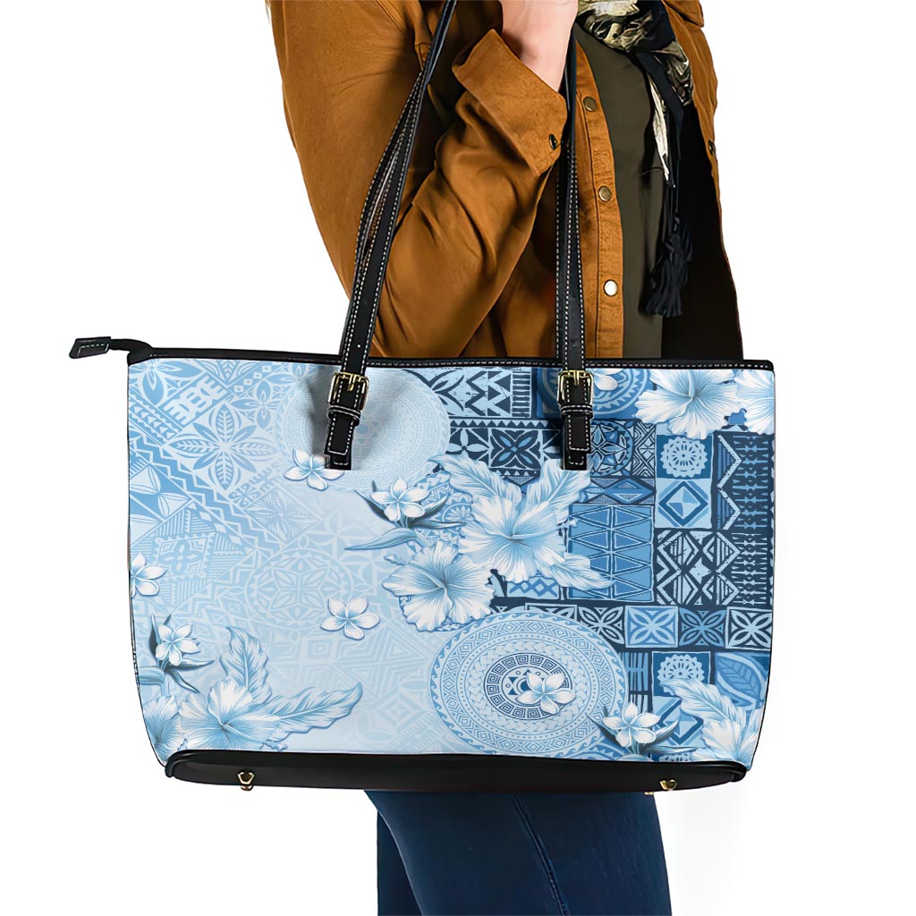 Hawaii Tapa Pattern With Blue Hibiscus Leather Tote Bag LT05 - Polynesian Pride