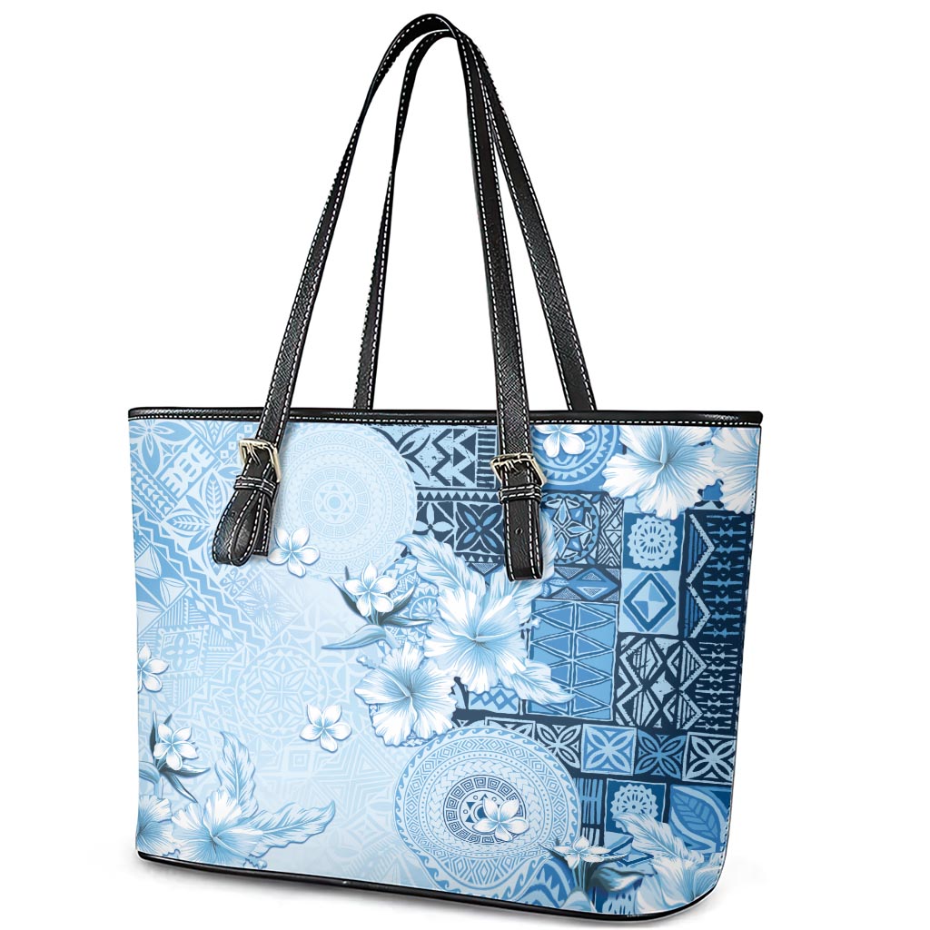 Hawaii Tapa Pattern With Blue Hibiscus Leather Tote Bag LT05 - Polynesian Pride