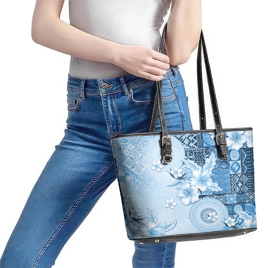 Hawaii Tapa Pattern With Blue Hibiscus Leather Tote Bag LT05 - Polynesian Pride