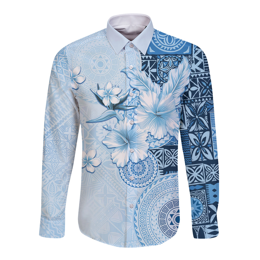 Hawaii Tapa Pattern With Blue Hibiscus Long Sleeve Button Shirt