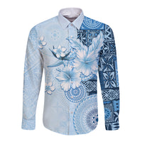 Hawaii Tapa Pattern With Blue Hibiscus Long Sleeve Button Shirt