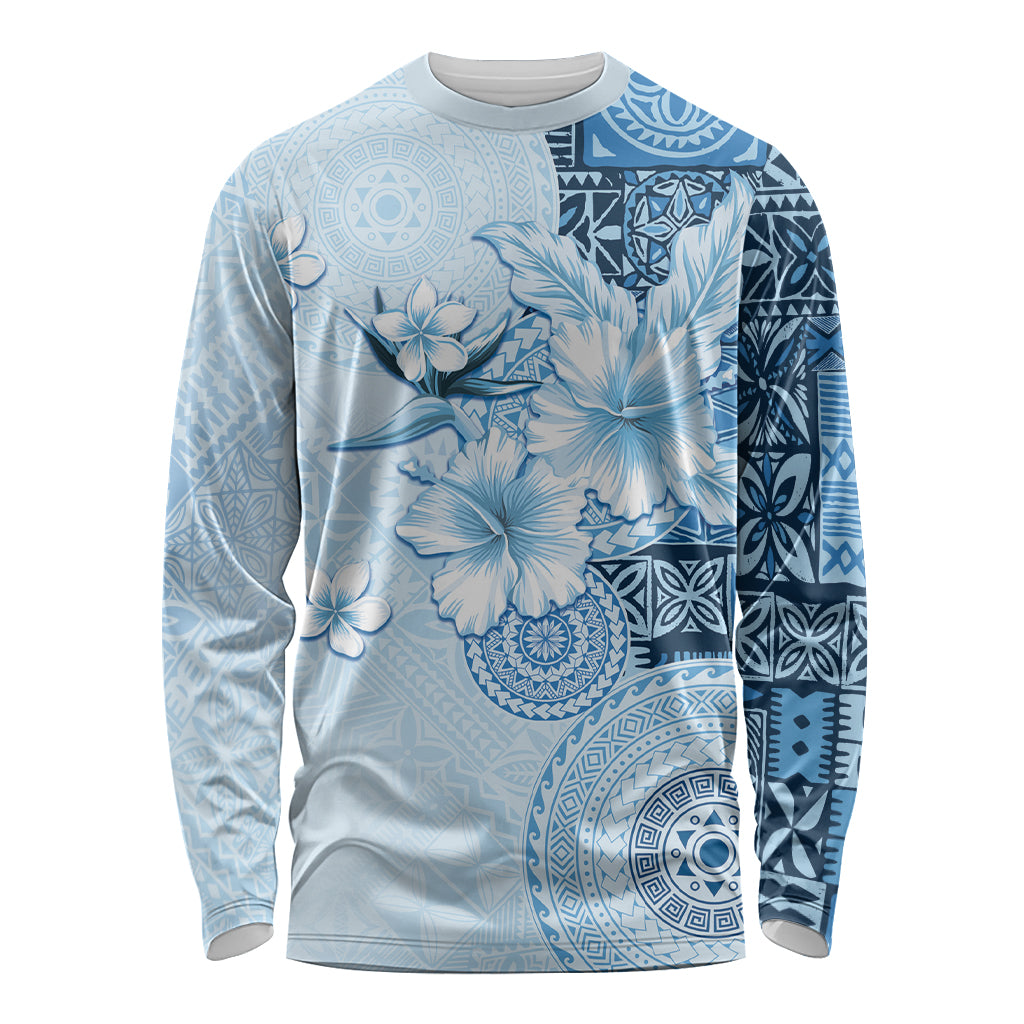 Hawaii Tapa Pattern With Blue Hibiscus Long Sleeve Shirt