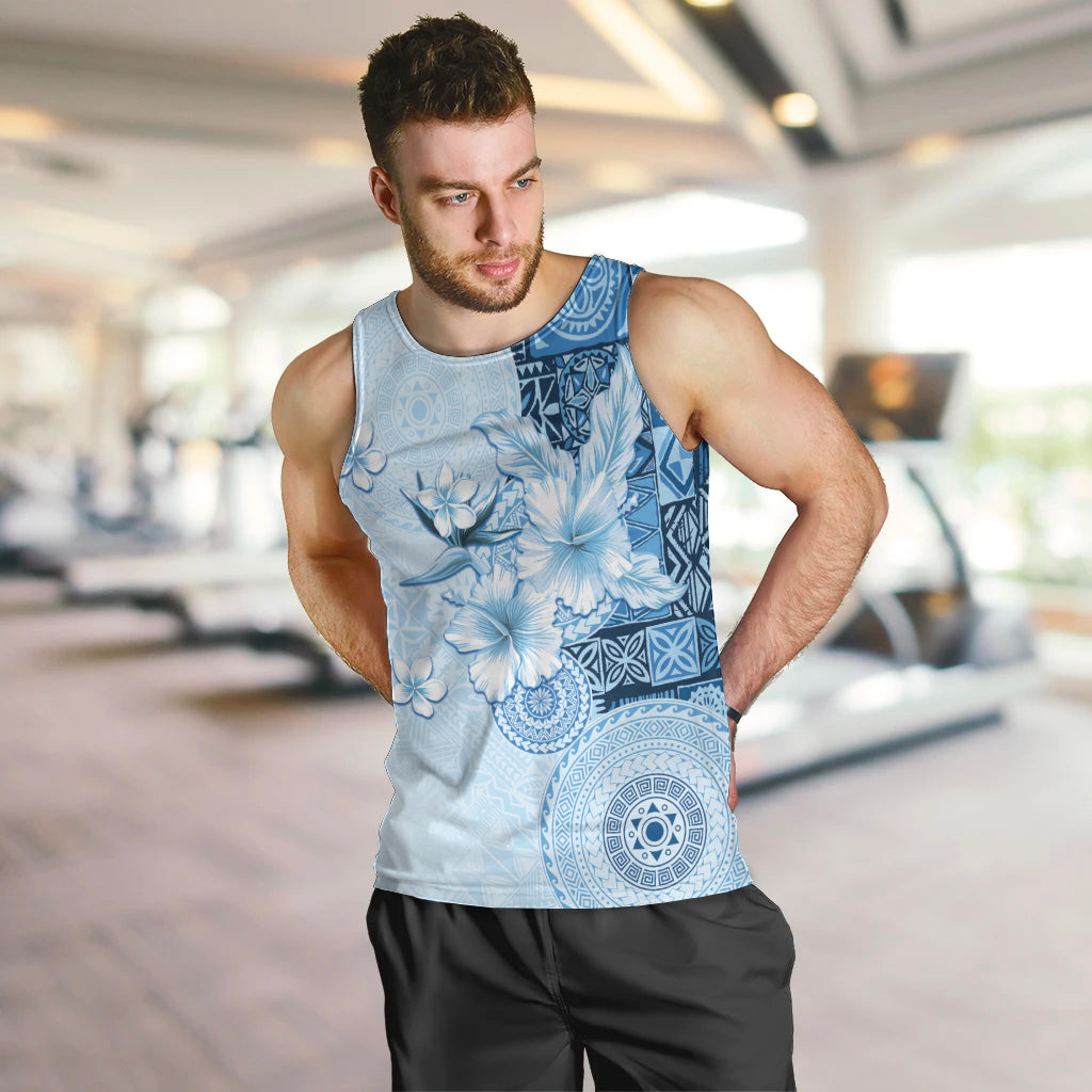 Hawaii Tapa Pattern With Blue Hibiscus Men Tank Top LT05 Blue - Polynesian Pride