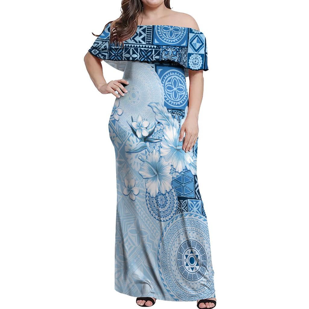 Hawaii Tapa Pattern With Blue Hibiscus Off Shoulder Maxi Dress LT05 Women Blue - Polynesian Pride