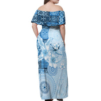 Hawaii Tapa Pattern With Blue Hibiscus Off Shoulder Maxi Dress LT05 - Polynesian Pride