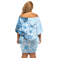 Hawaii Tapa Pattern With Blue Hibiscus Off Shoulder Short Dress LT05 - Polynesian Pride
