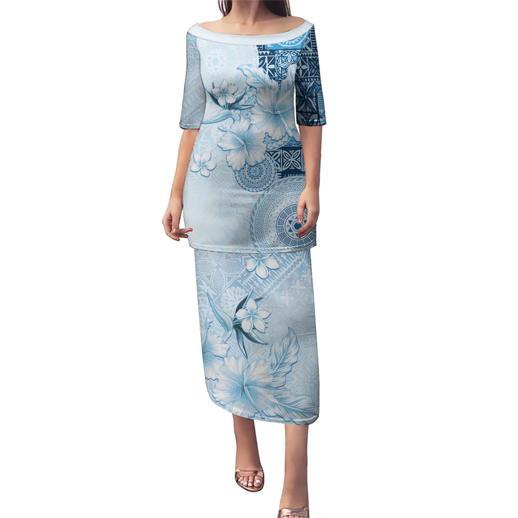 Hawaii Tapa Pattern With Blue Hibiscus Puletasi LT05 Long Dress Blue - Polynesian Pride