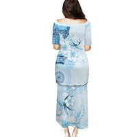 Hawaii Tapa Pattern With Blue Hibiscus Puletasi LT05 - Polynesian Pride