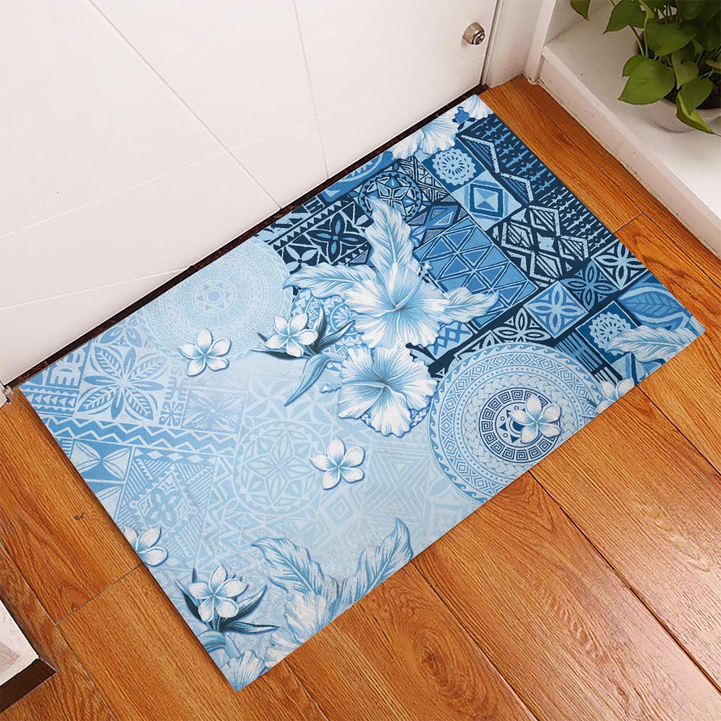 Hawaii Tapa Pattern With Blue Hibiscus Rubber Doormat LT05 Blue - Polynesian Pride