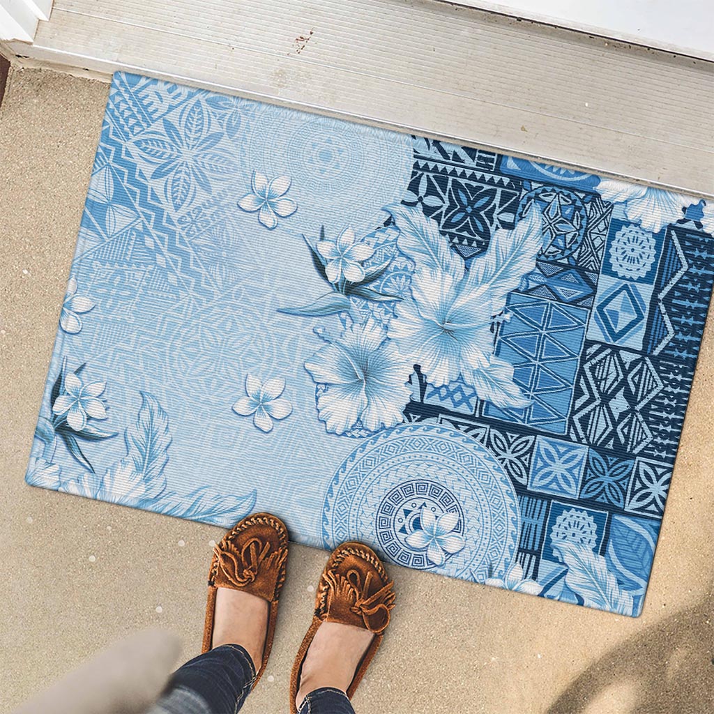 Hawaii Tapa Pattern With Blue Hibiscus Rubber Doormat LT05 - Polynesian Pride
