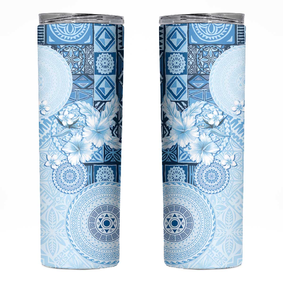 Hawaii Tapa Pattern With Blue Hibiscus Skinny Tumbler