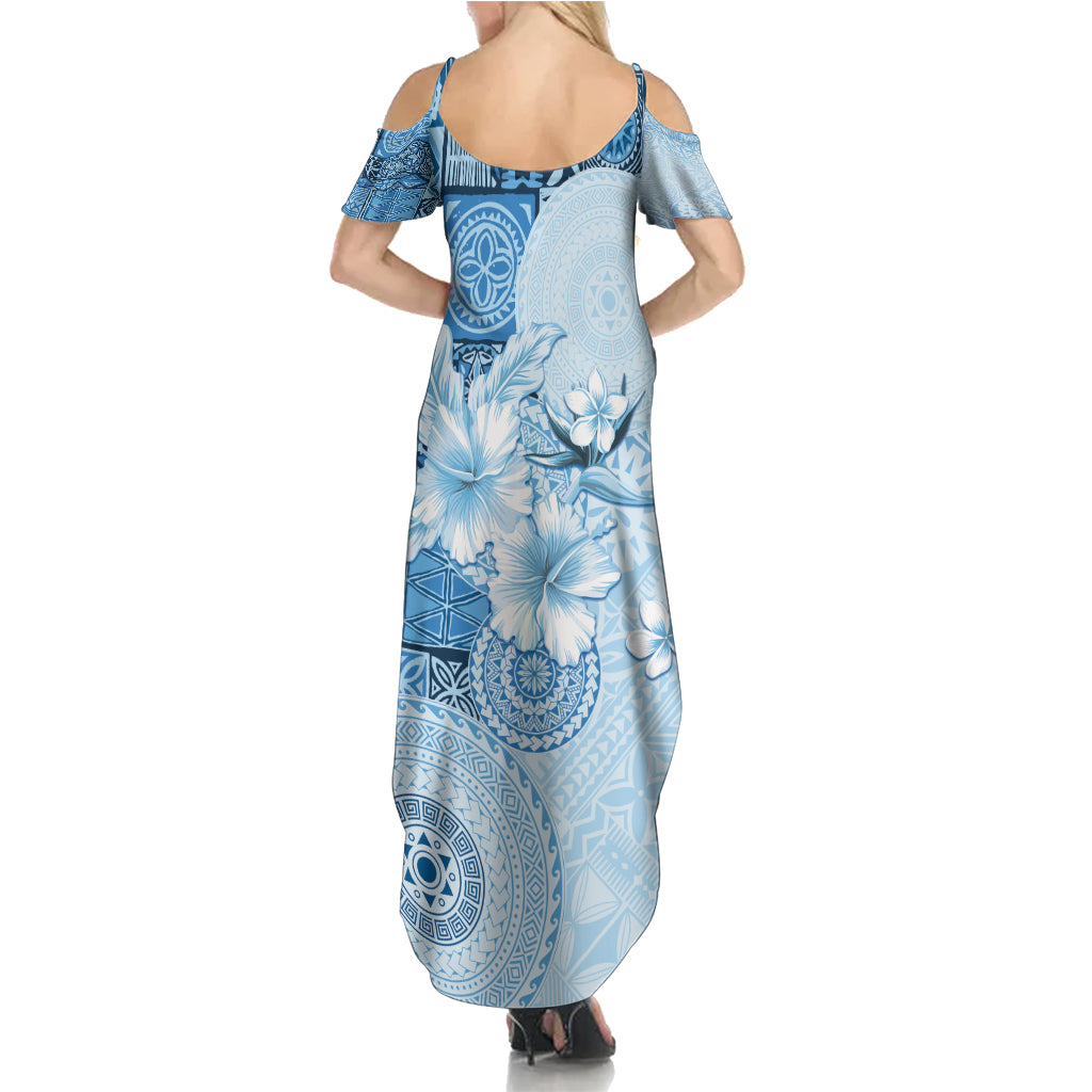 Hawaii Tapa Pattern With Blue Hibiscus Summer Maxi Dress LT05 - Polynesian Pride