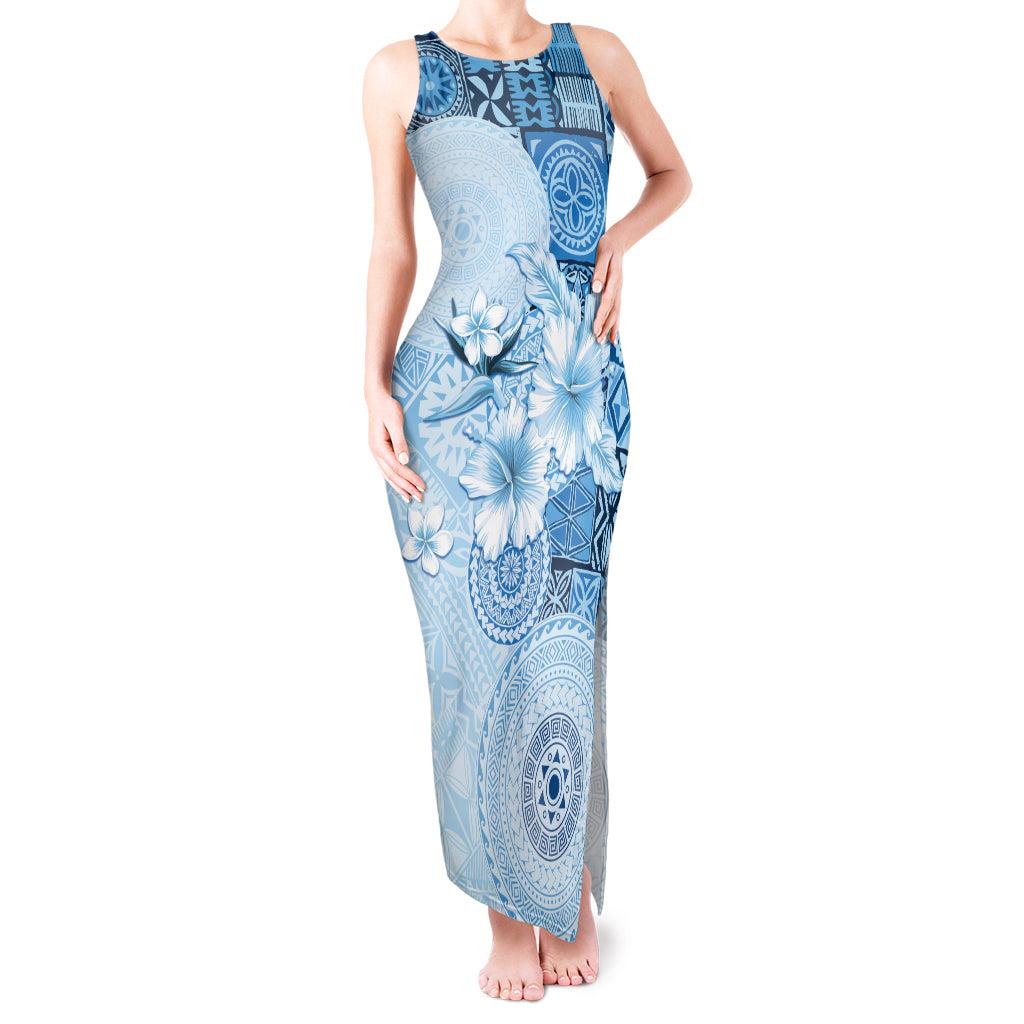 Hawaii Tapa Pattern With Blue Hibiscus Tank Maxi Dress