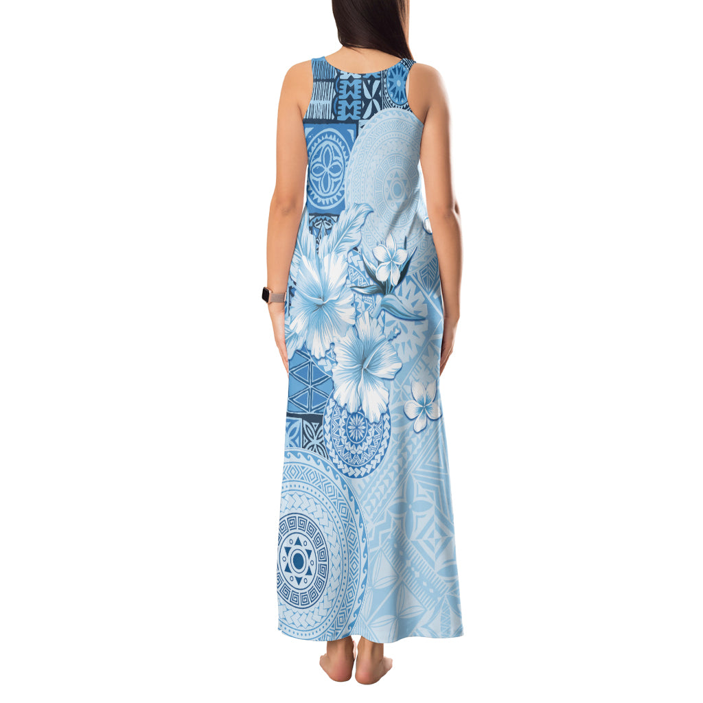 Hawaii Tapa Pattern With Blue Hibiscus Tank Maxi Dress LT05 - Polynesian Pride