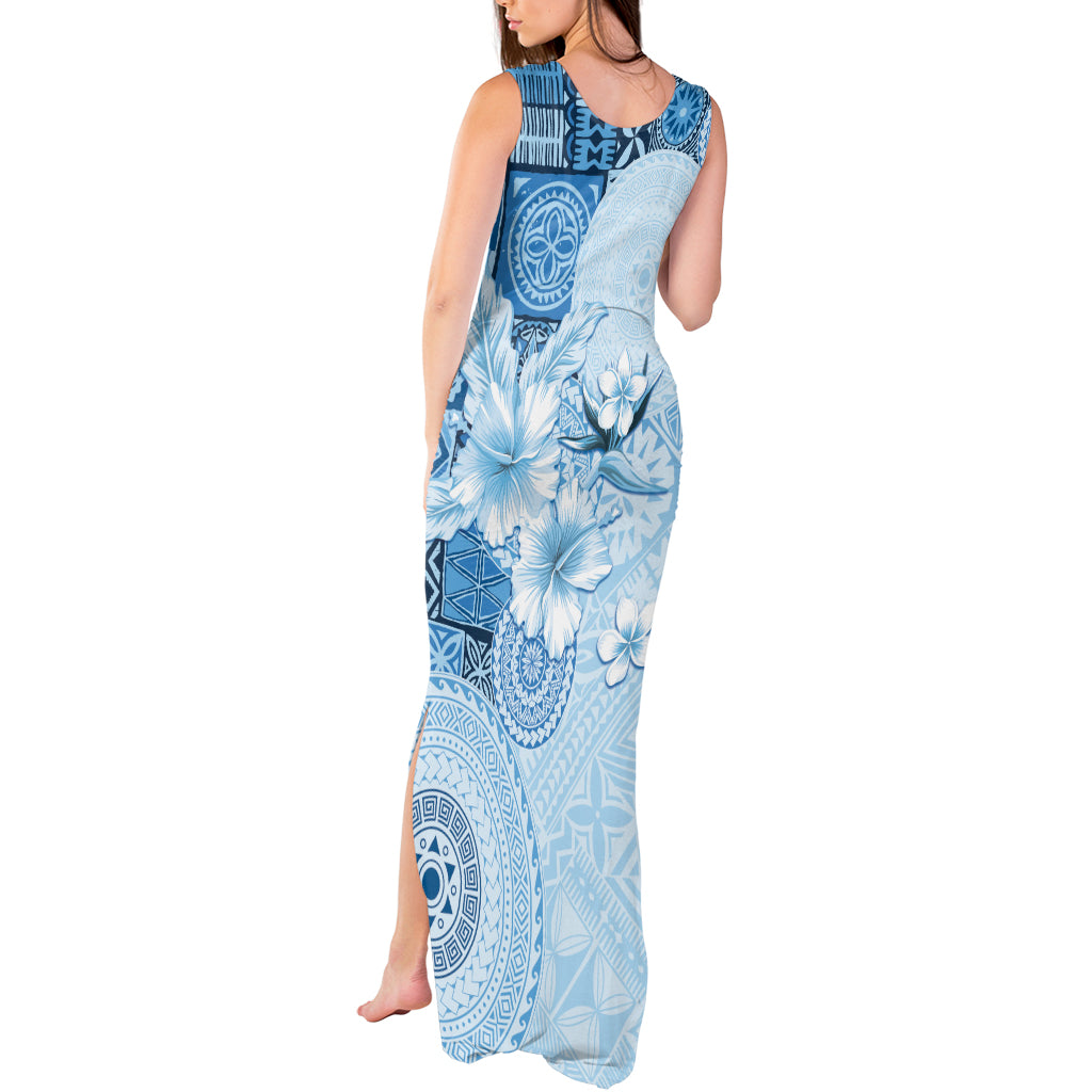 Hawaii Tapa Pattern With Blue Hibiscus Tank Maxi Dress LT05 - Polynesian Pride