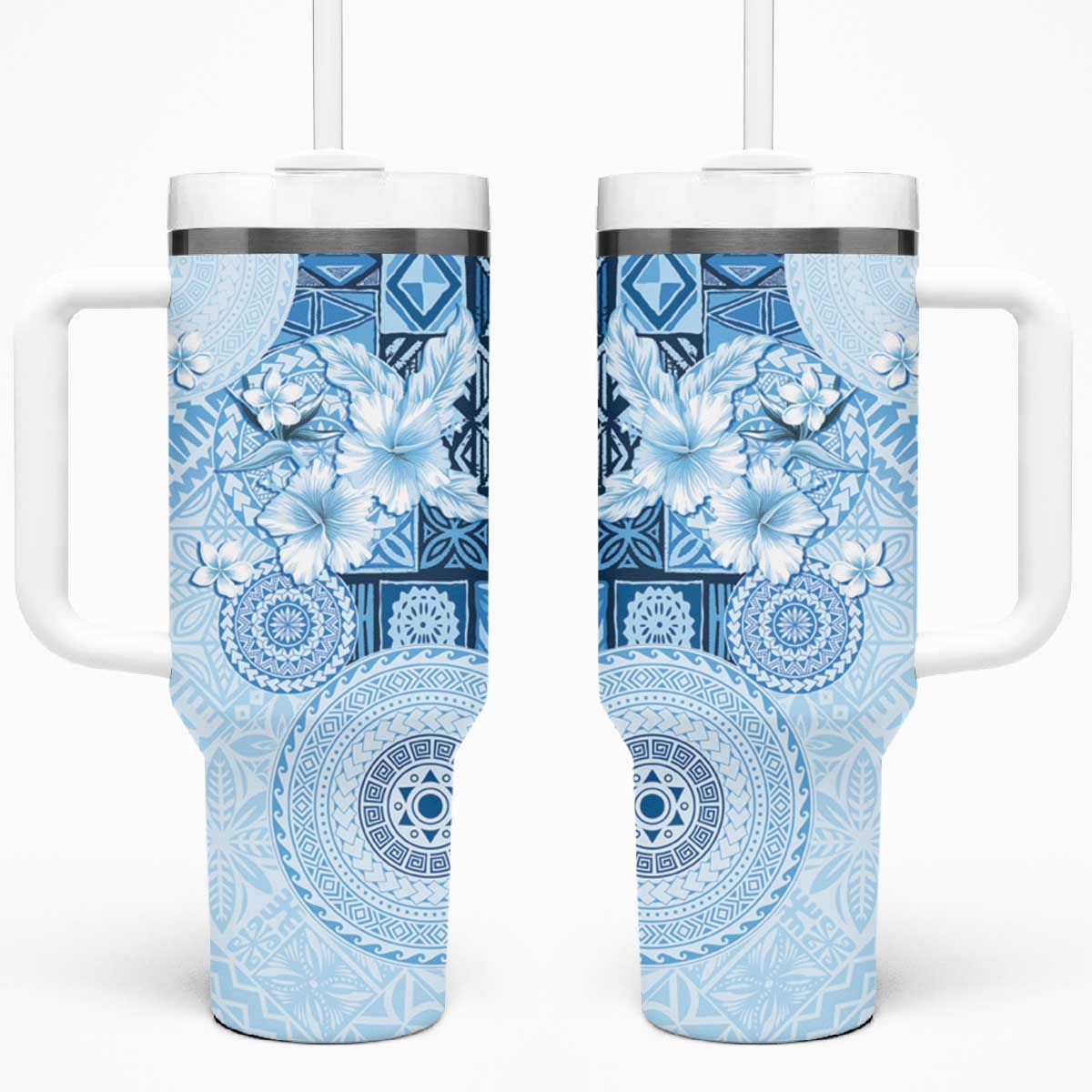 Hawaii Tapa Pattern With Blue Hibiscus Tumbler With Handle