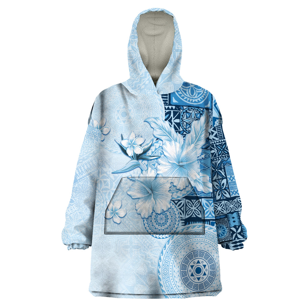 Hawaii Tapa Pattern With Blue Hibiscus Wearable Blanket Hoodie