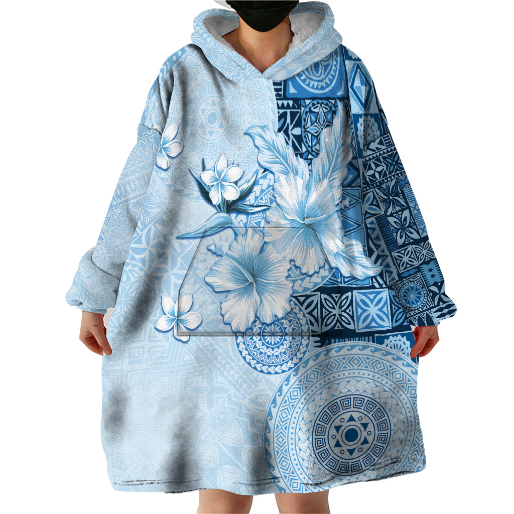 Hawaii Tapa Pattern With Blue Hibiscus Wearable Blanket Hoodie LT05 - Polynesian Pride