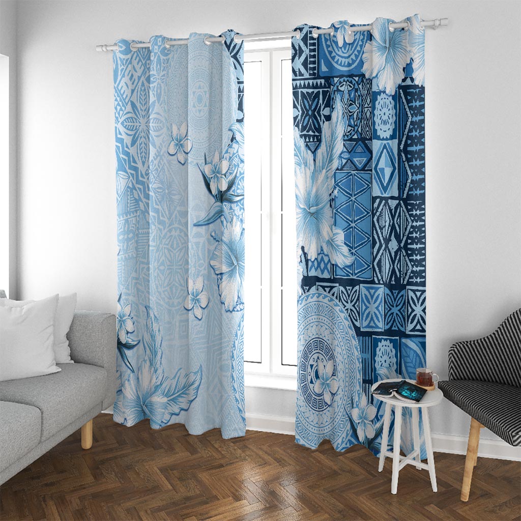 Hawaii Tapa Pattern With Blue Hibiscus Window Curtain LT05 With Grommets Blue - Polynesian Pride
