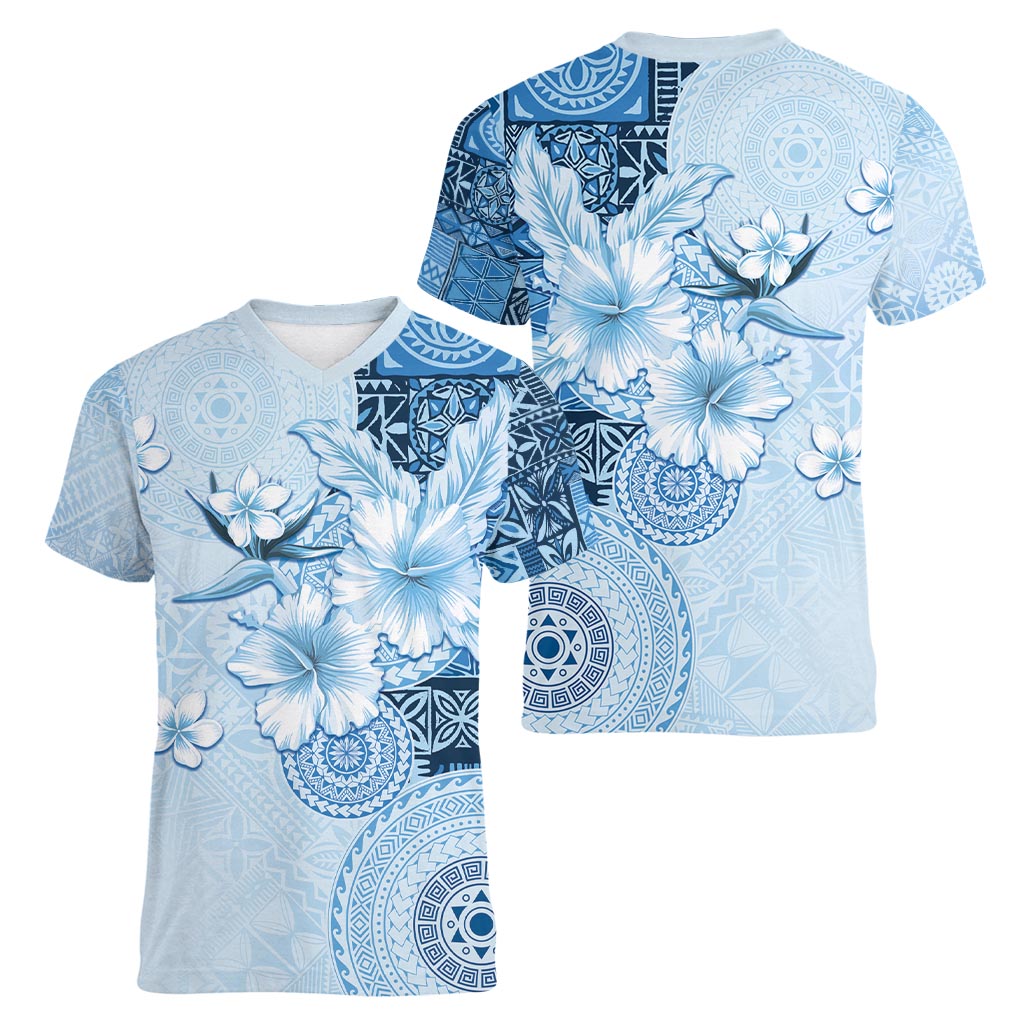 Hawaii Tapa Pattern With Blue Hibiscus Women V-Neck T-Shirt