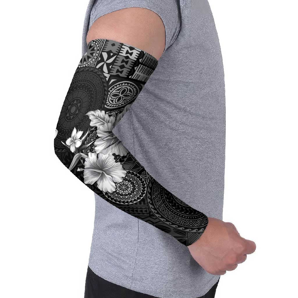 Hawaii Tapa Pattern With Black Hibiscus Arm Sleeves - Polynesian Pride