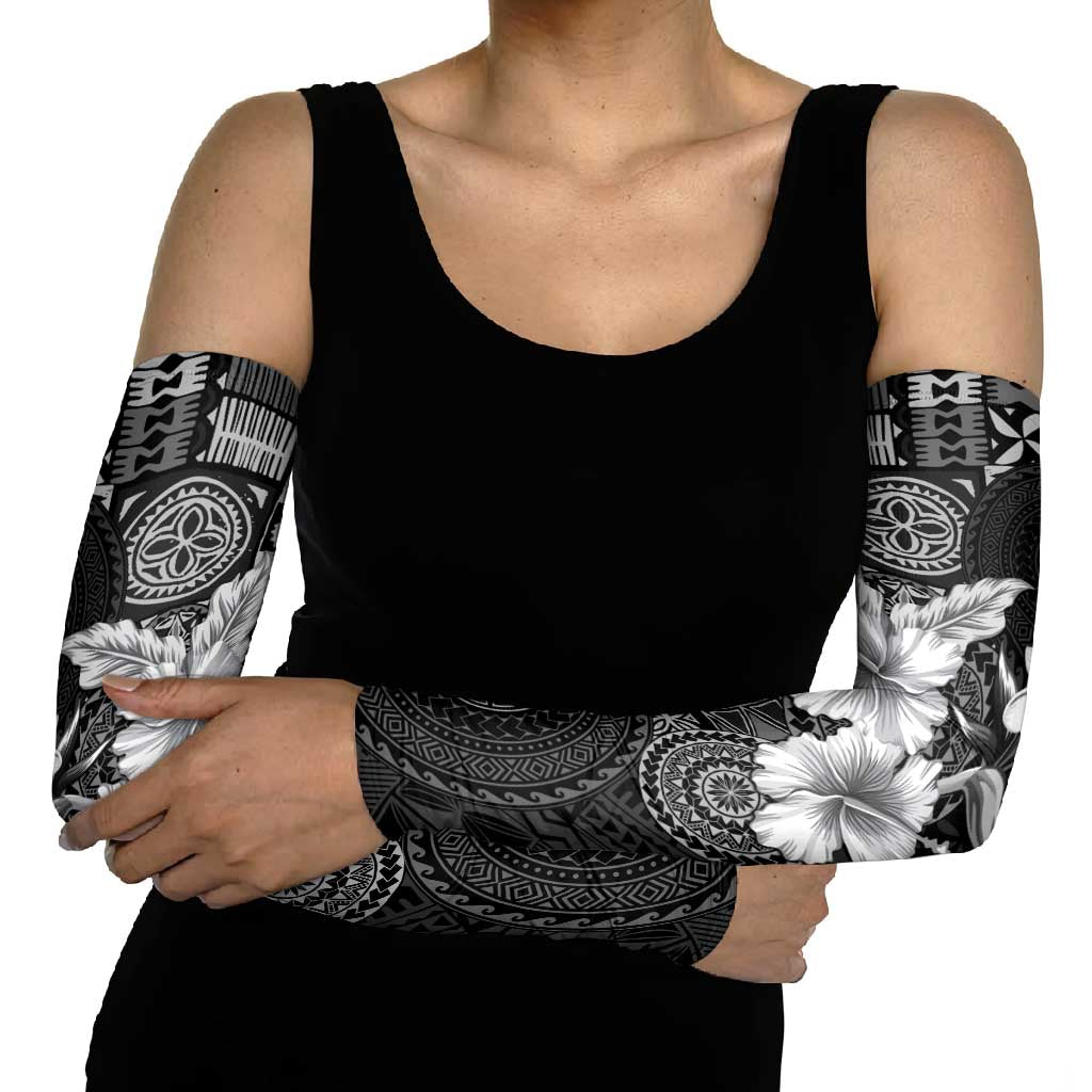 Hawaii Tapa Pattern With Black Hibiscus Arm Sleeves - Polynesian Pride