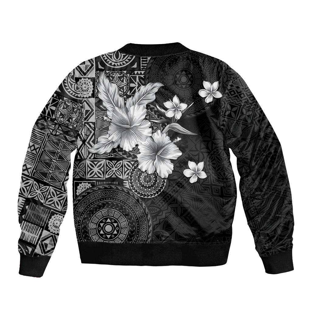 Hawaii Tapa Pattern With Black Hibiscus Bomber Jacket LT05 - Polynesian Pride