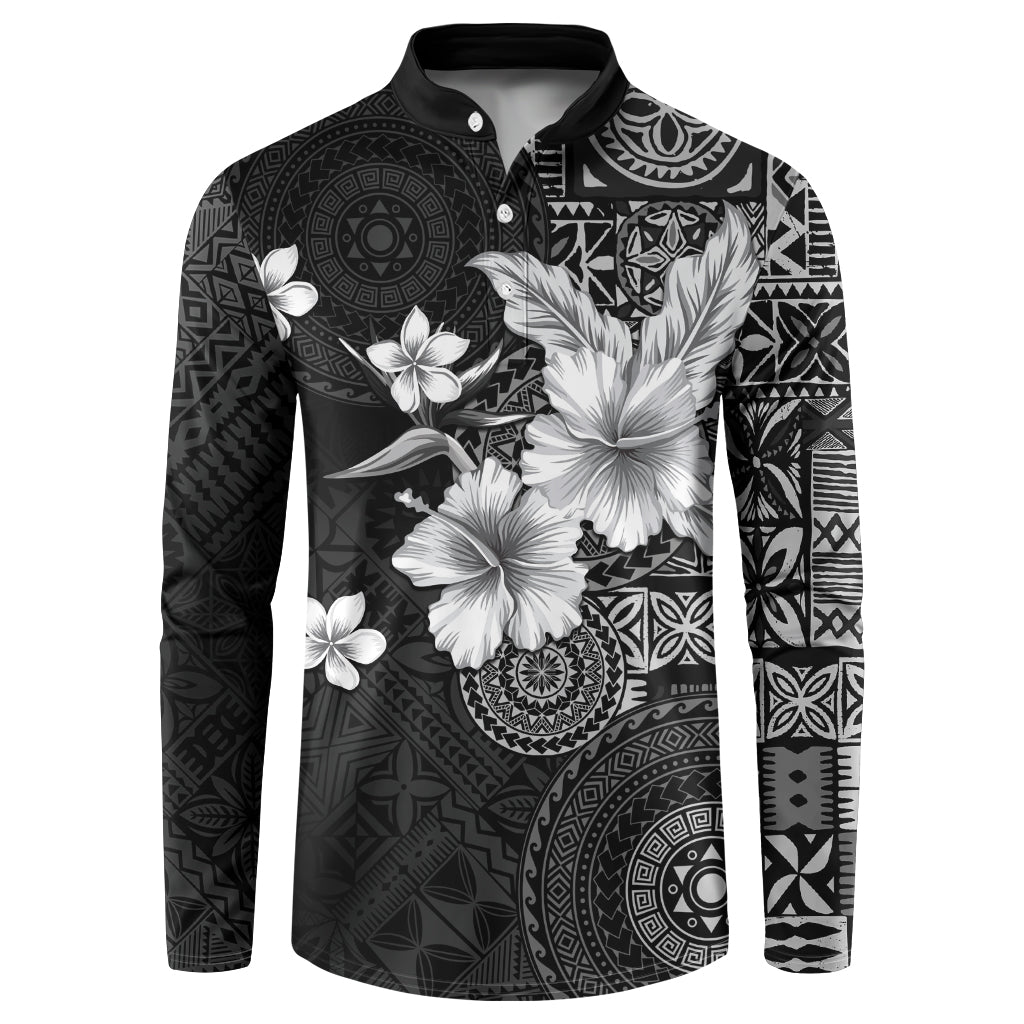 Hawaii Tapa Pattern With Black Hibiscus Button Sweatshirt LT05 Black - Polynesian Pride