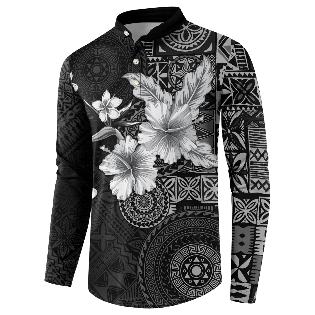Hawaii Tapa Pattern With Black Hibiscus Button Sweatshirt LT05 - Polynesian Pride