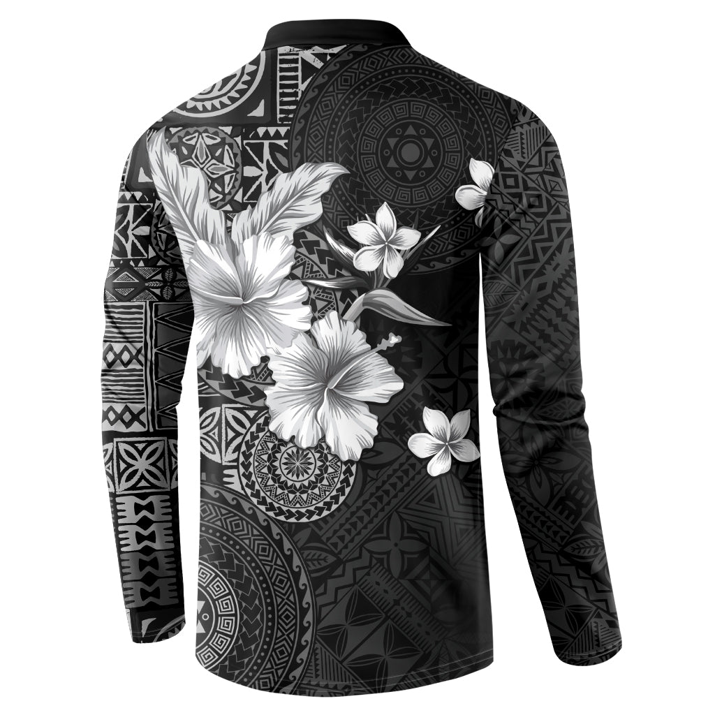 Hawaii Tapa Pattern With Black Hibiscus Button Sweatshirt LT05 - Polynesian Pride