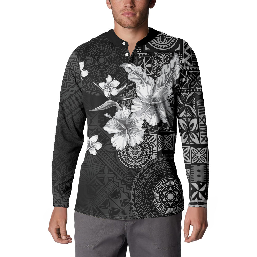 Hawaii Tapa Pattern With Black Hibiscus Button Sweatshirt LT05 - Polynesian Pride