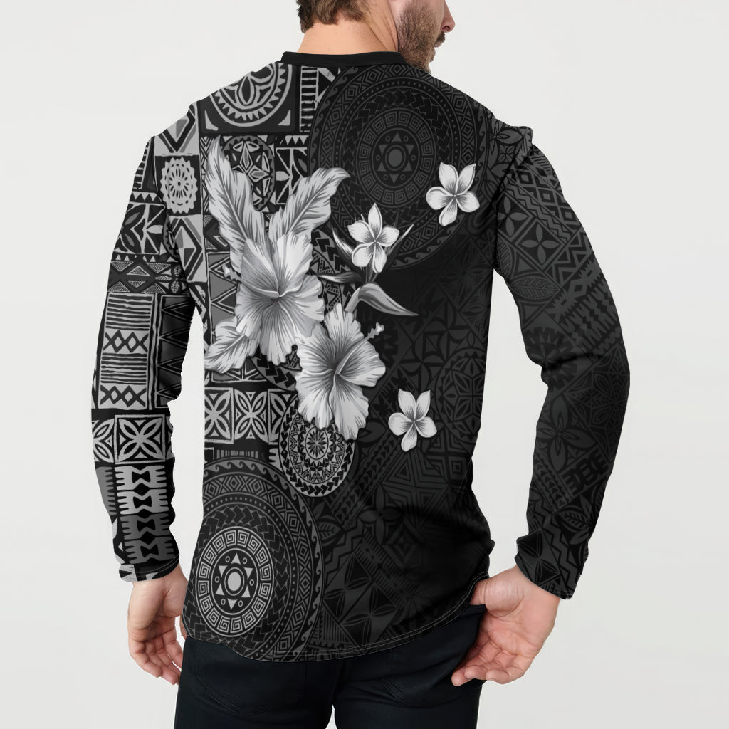 Hawaii Tapa Pattern With Black Hibiscus Button Sweatshirt LT05 - Polynesian Pride