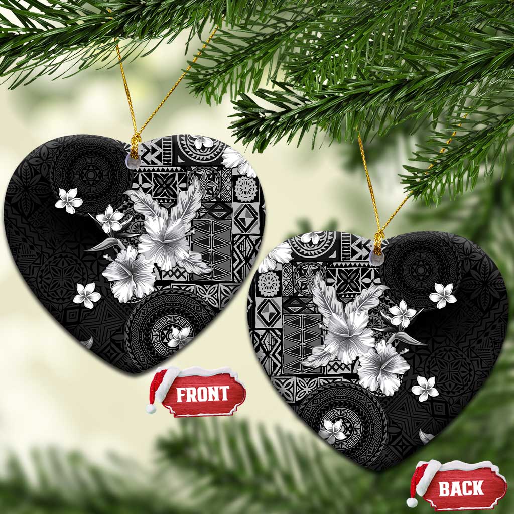 Hawaii Tapa Pattern With Black Hibiscus Ceramic Ornament LT05 Heart Black - Polynesian Pride
