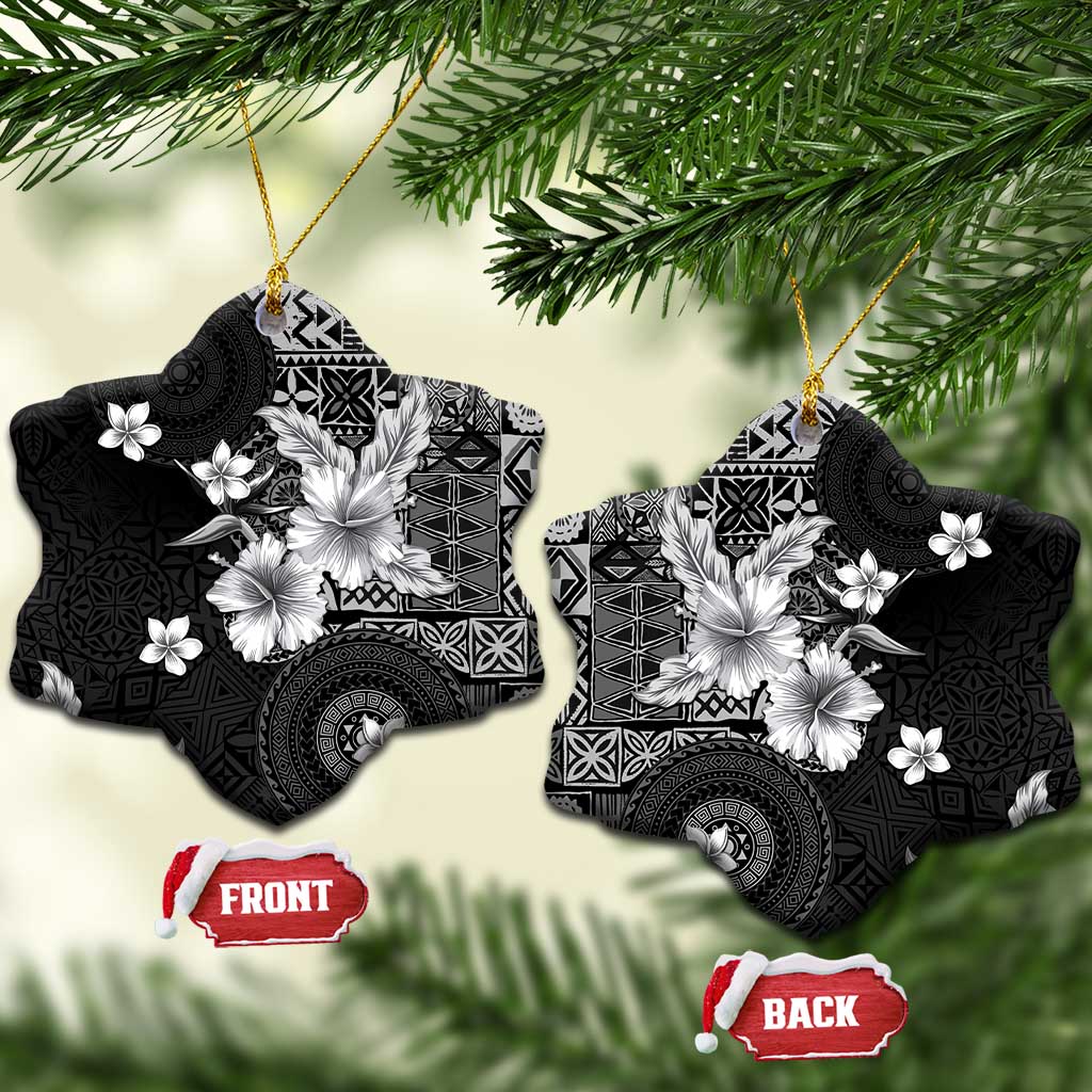 Hawaii Tapa Pattern With Black Hibiscus Ceramic Ornament LT05 Snow Flake Black - Polynesian Pride