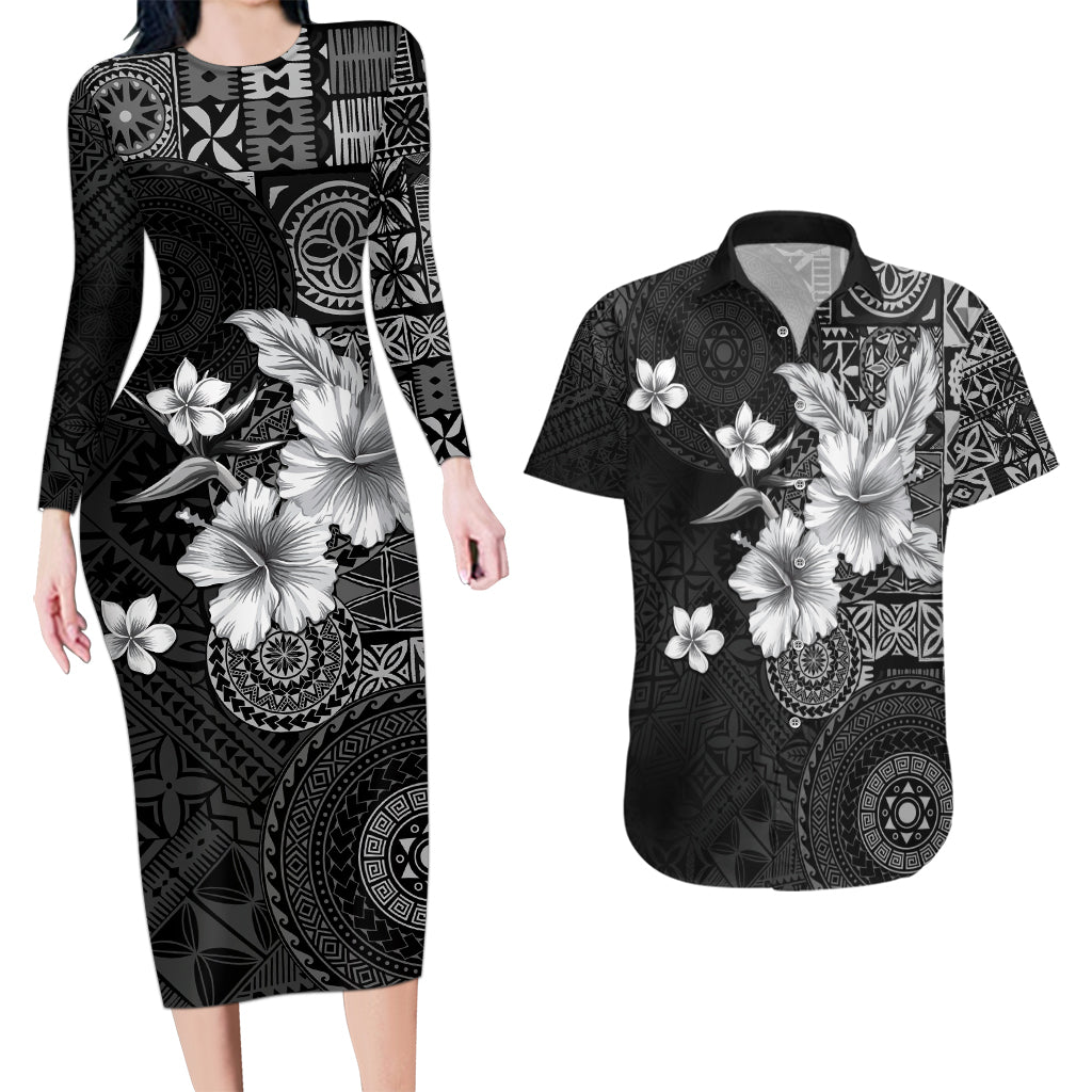 Hawaii Tapa Pattern With Black Hibiscus Couples Matching Long Sleeve Bodycon Dress and Hawaiian Shirt LT05 Black - Polynesian Pride