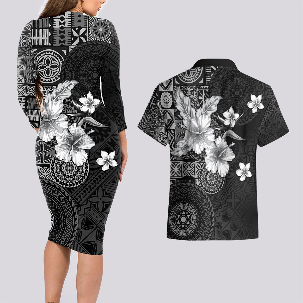 Hawaii Tapa Pattern With Black Hibiscus Couples Matching Long Sleeve Bodycon Dress and Hawaiian Shirt LT05 - Polynesian Pride