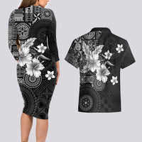 Hawaii Tapa Pattern With Black Hibiscus Couples Matching Long Sleeve Bodycon Dress and Hawaiian Shirt LT05 - Polynesian Pride