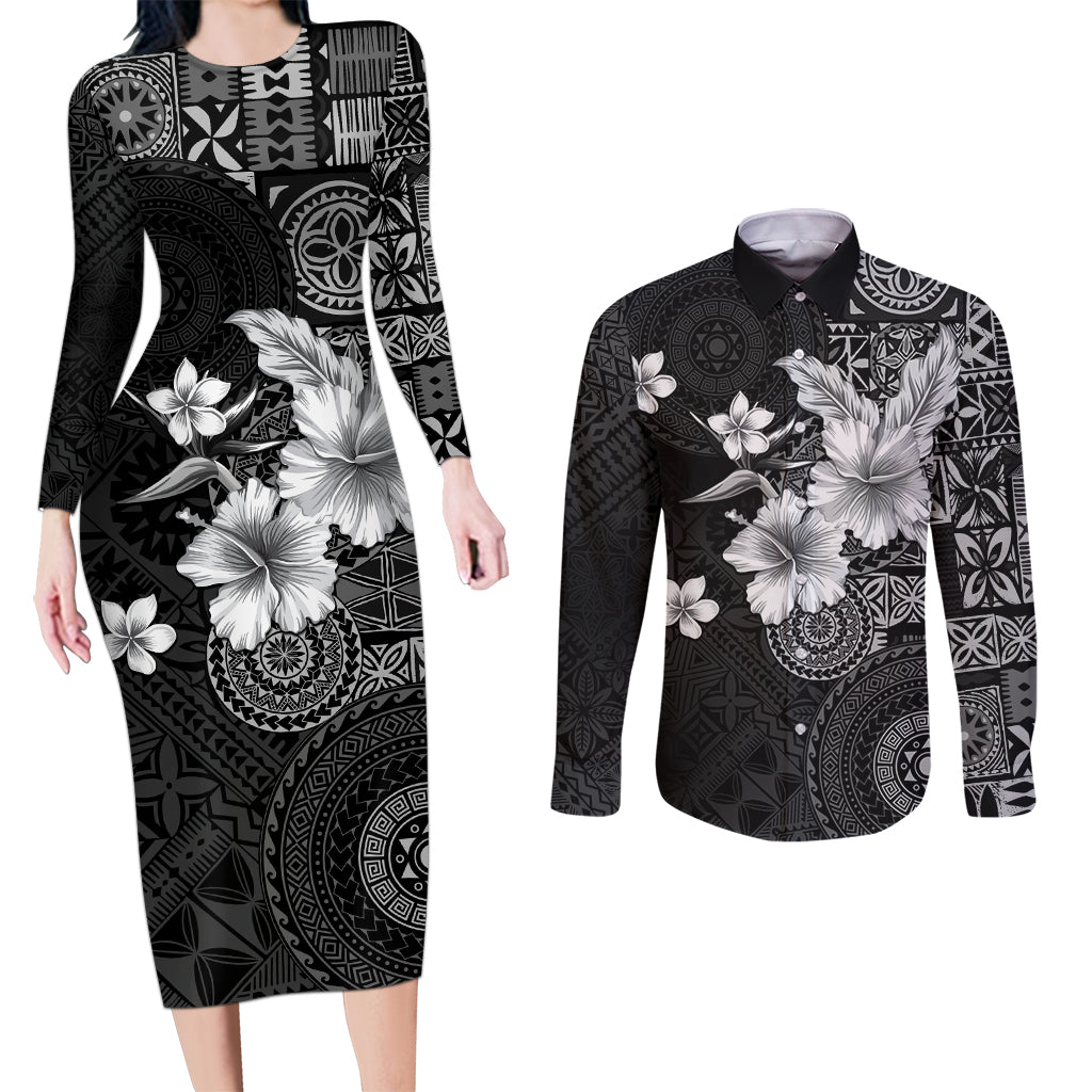 Hawaii Tapa Pattern With Black Hibiscus Couples Matching Long Sleeve Bodycon Dress and Long Sleeve Button Shirt LT05 Black - Polynesian Pride