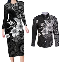 Hawaii Tapa Pattern With Black Hibiscus Couples Matching Long Sleeve Bodycon Dress and Long Sleeve Button Shirt LT05 Black - Polynesian Pride