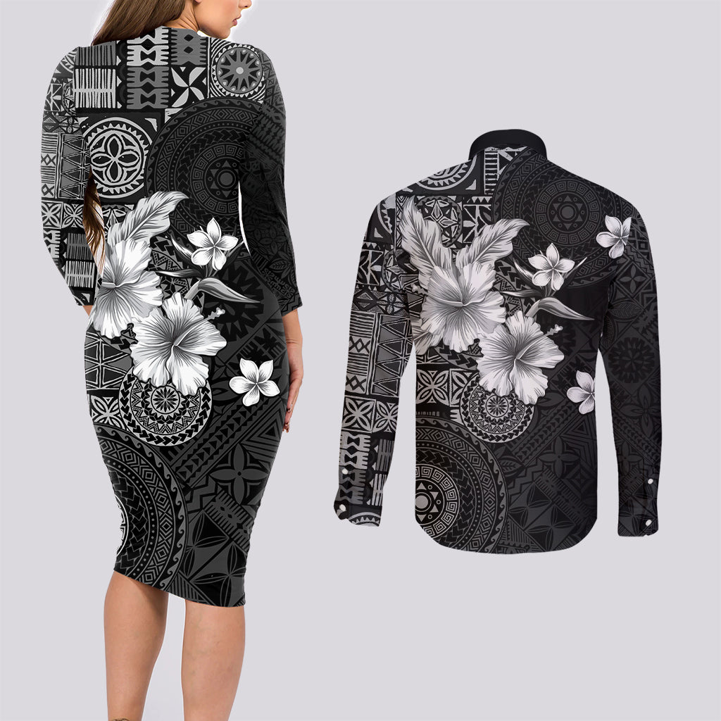 Hawaii Tapa Pattern With Black Hibiscus Couples Matching Long Sleeve Bodycon Dress and Long Sleeve Button Shirt LT05 - Polynesian Pride