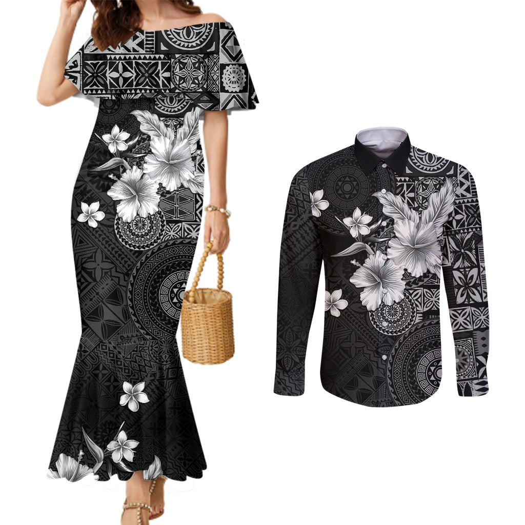 Hawaii Tapa Pattern With Black Hibiscus Couples Matching Mermaid Dress and Long Sleeve Button Shirt LT05 Black - Polynesian Pride