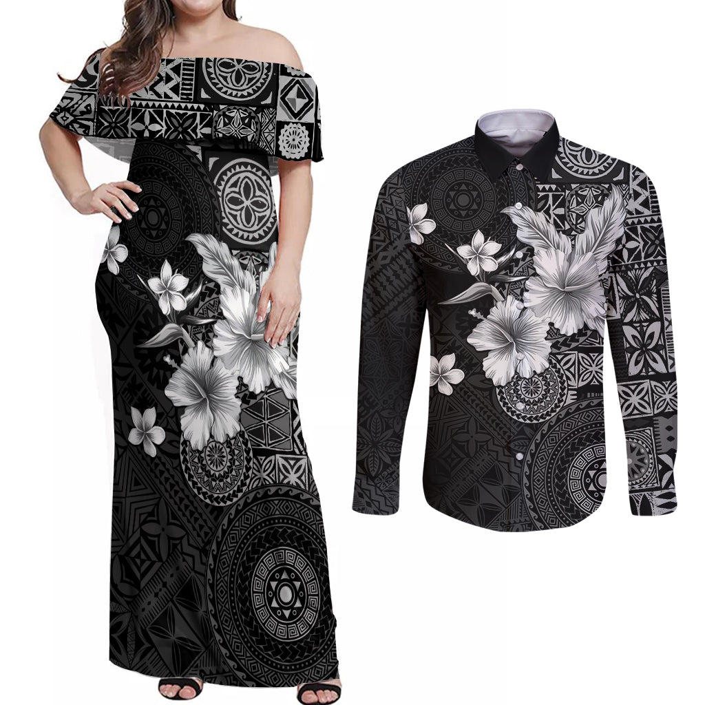 Hawaii Tapa Pattern With Black Hibiscus Couples Matching Off Shoulder Maxi Dress and Long Sleeve Button Shirt LT05 Black - Polynesian Pride