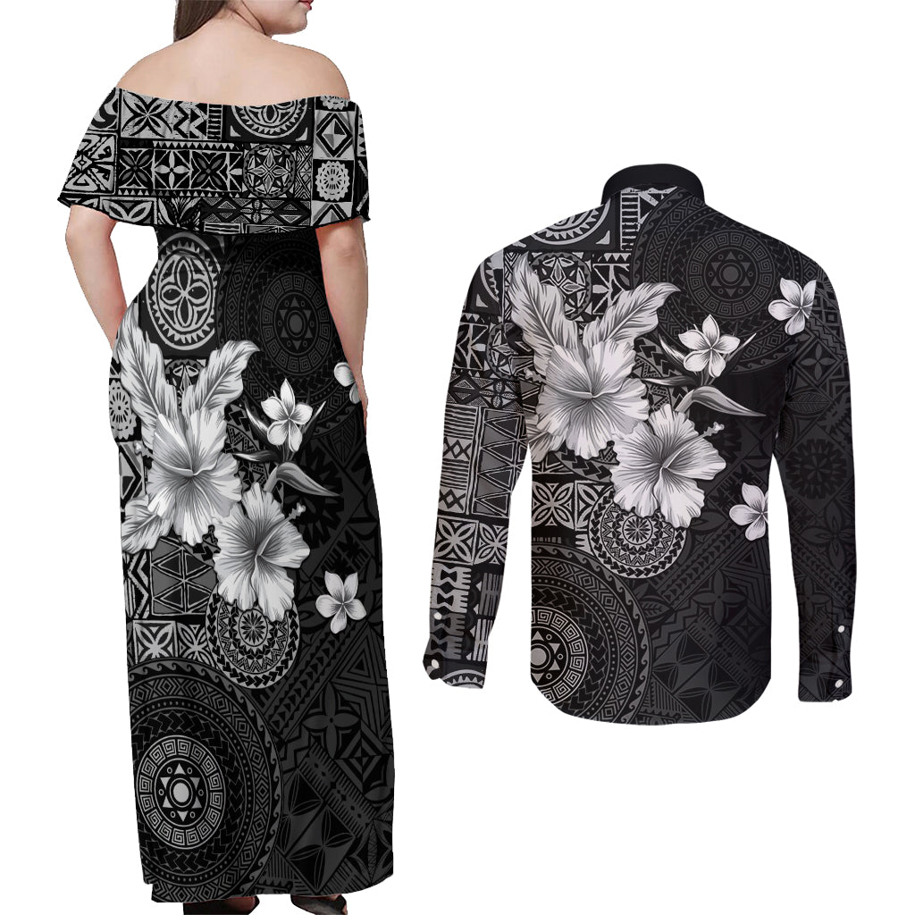 Hawaii Tapa Pattern With Black Hibiscus Couples Matching Off Shoulder Maxi Dress and Long Sleeve Button Shirt LT05 - Polynesian Pride