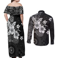 Hawaii Tapa Pattern With Black Hibiscus Couples Matching Off Shoulder Maxi Dress and Long Sleeve Button Shirt LT05 - Polynesian Pride