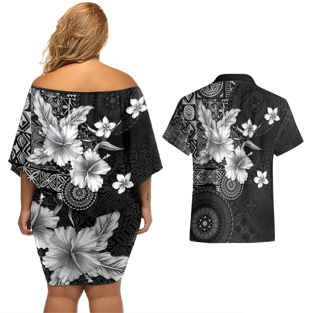 Hawaii Tapa Pattern With Black Hibiscus Couples Matching Off Shoulder Short Dress and Hawaiian Shirt LT05 - Polynesian Pride