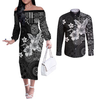 Hawaii Tapa Pattern With Black Hibiscus Couples Matching Off The Shoulder Long Sleeve Dress and Long Sleeve Button Shirt LT05 Black - Polynesian Pride
