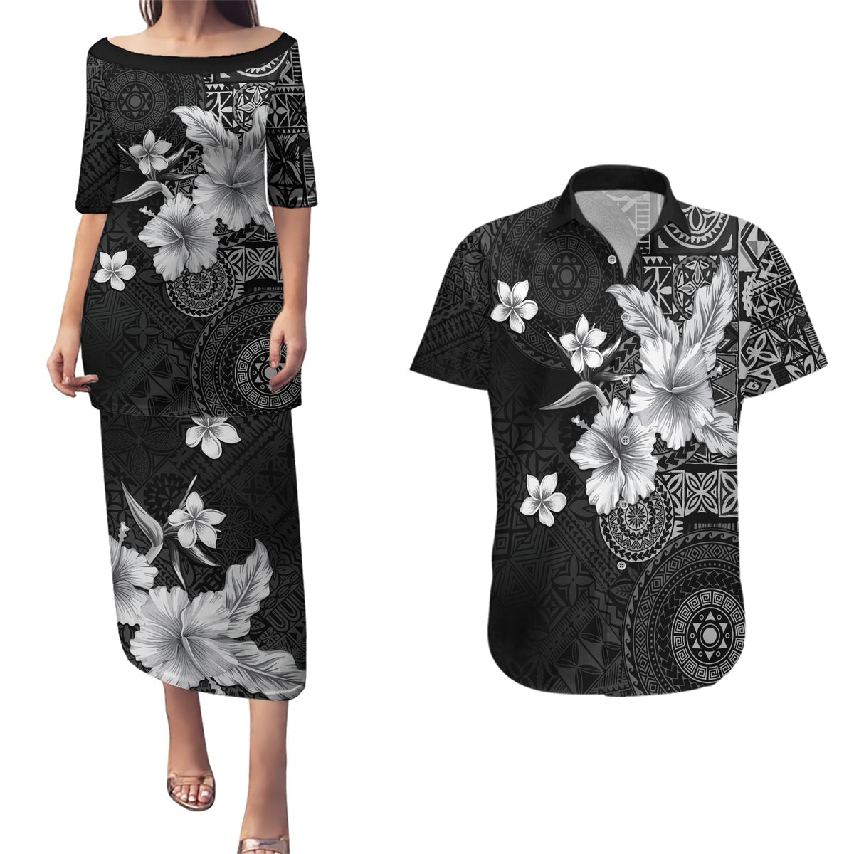 Hawaii Tapa Pattern With Black Hibiscus Couples Matching Puletasi and Hawaiian Shirt LT05 Black - Polynesian Pride
